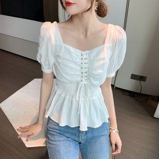 Puff-sleeve Lace-up Shirred Crop Top