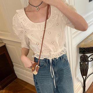 Short-sleeve Ruffle Trim Pointelle Top