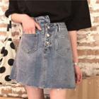 Asymmetric High-waist Denim Mini A-line Skirt