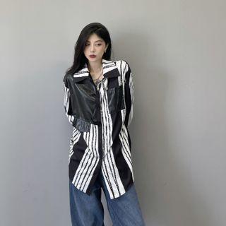 Faux Leather Panel Striped Shirt Stripes - Black & White - One Size