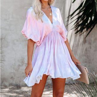 Balloon-sleeve V-neck Gradient Mini A-line Dress