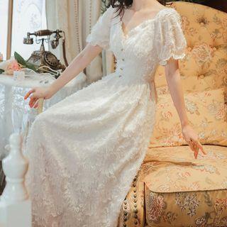 Short-sleeve Fringed Trim Midi A-line Dress