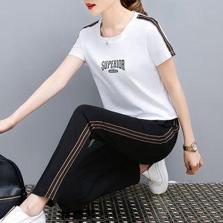Set: Lettering Short-sleeve T-shirt + Stripe-side Sweatpants