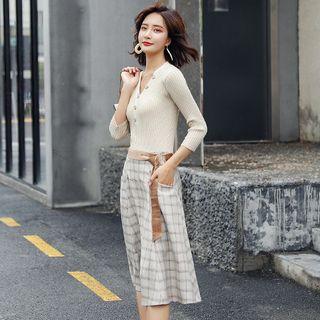 Long-sleeve Plaid Panel Midi A-line Dress With Belt