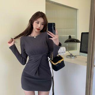 Long-sleeve Knit Sheath Dress Gray - One Size