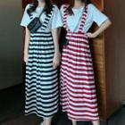 Set: Crew-neck Short-sleeve T-shirt + Striped Midi Suspender Skirt