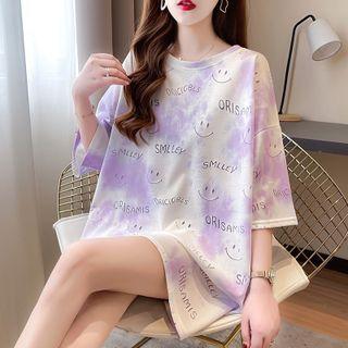 Short-sleeve Lettering Tie-dyed Distressed Top