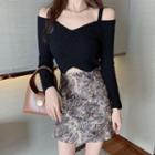 Cold-shoulder Ribbed Knit Top / Printed A-line Skirt