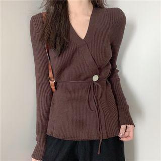 Long-sleeve Tie-waist Knit Top / High-waist Plain Knit Pants