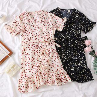 Ruffled-trim Heart-print Mini Dress With Sash