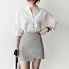 Plain 3/4-sleeve Blouse / Gingham Mini A-line Skirt