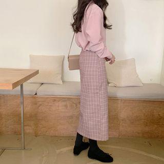 Slit-front H-line Long Plaid Skirt Dark Pink - One Size