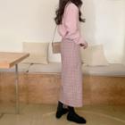 Slit-front H-line Long Plaid Skirt Dark Pink - One Size