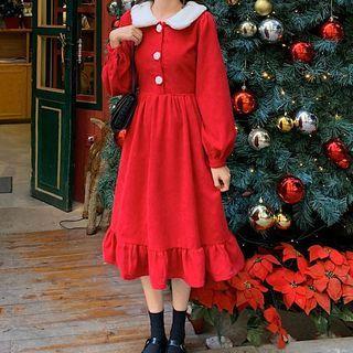 Puff-sleeve Fluffy Collar Midi A-line Dress Red - One Size