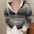 Hood Striped Zip Jacket White & Black - One Size