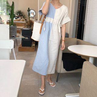 Two-tone Short-sleeve V-neck Midi Dress