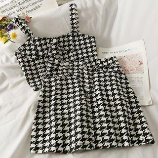 Set: Houndstooth Button-up Crop Top + High-waist Mini Skirt