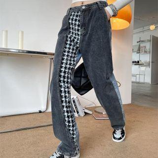 Low Rise Plaid Panel Loose Fit Jeans