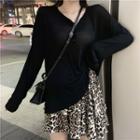 Long-sleeve Plain Knit Top / Animal Printed Layered Skirt