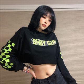 Checker Print Crop Sweatshirt Black - One Size