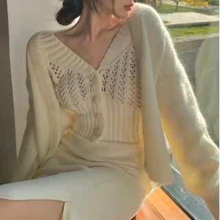 V-neck Sweater / Cardigan / Midi Slit Skirt