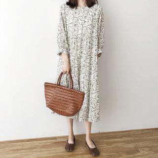 3/4-sleeve Floral-pattern Midi Dress