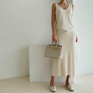 Linen Blend Long Knit Skirt Oatmeal - One Size