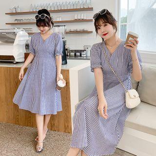Puff-sleeve Striped Ruffled Dress