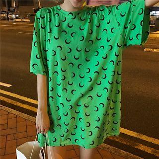 Elbow-sleeve Moon Print Oversized T-shirt