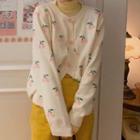 Cherry Print Cardigan / Mock-turtleneck Long-sleeve Top / Midi A-line Skirt