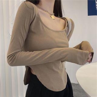 Long-sleeve U-neck Round-hem T-shirt