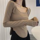 Long-sleeve U-neck Round-hem T-shirt