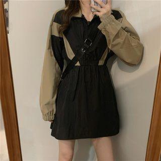 Long-sleeve Two-tone Half-zip Mini A-line Dress Black - One Size
