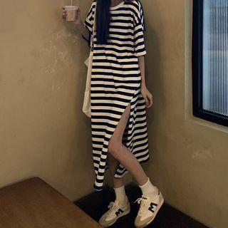 Slit Short-sleeve Striped Oversize Maxi Dress As Shown In Figure - One Size