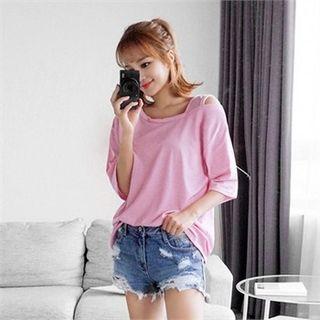 Asymmetric Cutout-shoulder Cotton Top