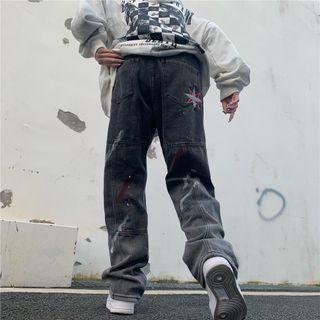Splatter Print Embroidered Straight Leg Jeans