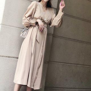 Long-sleeve Plain Midi Wrap Dress