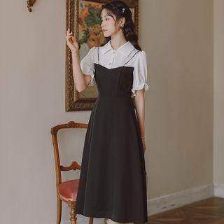 Short-sleeve Chained Frill Trim Midi A-line Dress