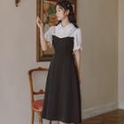 Short-sleeve Chained Frill Trim Midi A-line Dress