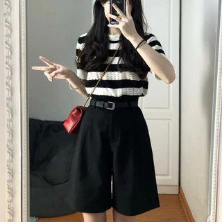 Short-sleeve Striped Knit Top / Wide Leg Shorts / Set