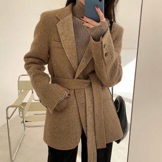 Contrast-trim Wool Blend Jacket With Sash One Size