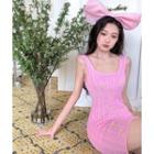 Sleeveless Scoop Neck Flower Embroidered Mini Knit Dress Pink - One Size