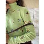Flower Embroidered Turtle-neck Sweater