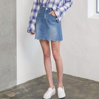 Scallop-hem Washed Denim Mini Skirt