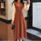 Two-tone Long-sleeve Accordion Pleat Midi Dress