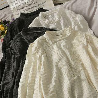 Mock-neck Plain Lace Plaid Blouse