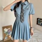 Set: Short-sleeve Pleated Mini A-line Shirtdress + Plaid Tie