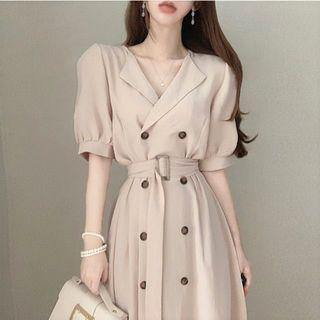 Puff-sleeve Double Breasted Midi Dress