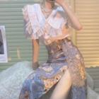 Short-sleeve Lace Trim Blouse / Flower Print Side-slit Midi Pencil Skirt
