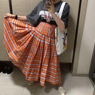 Band-waist Striped Long Pleated Skirt